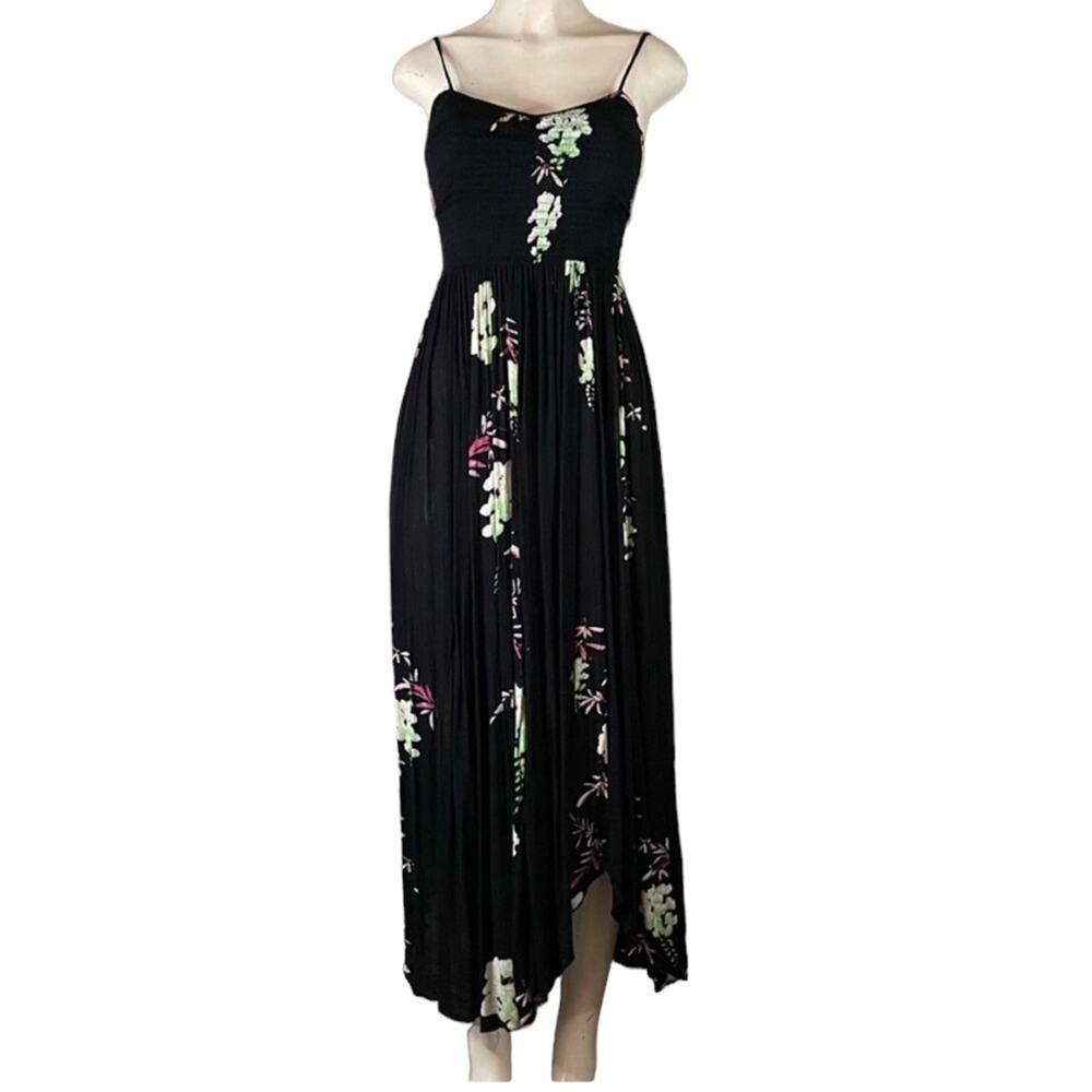 Free People Intimately Beau Smocked Black Floral Print Midi Dress Size XS